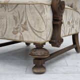 1960s, Danish armchair, beige/brown furniture fabric, carved oak wood.