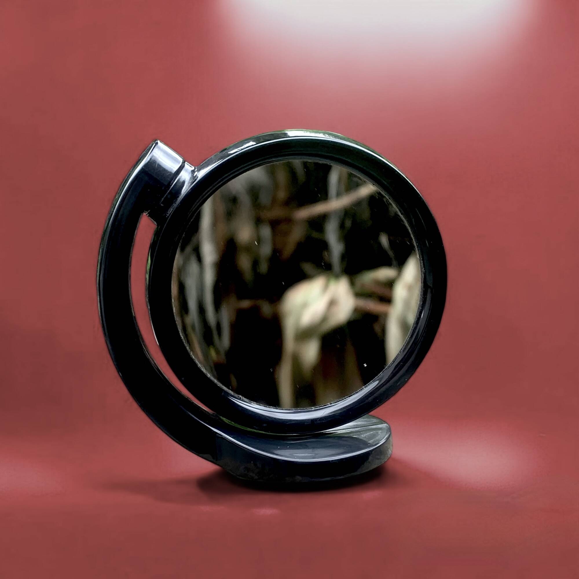 Small vintage black plastic swivel makeup mirror - Space Age Design - 1970s