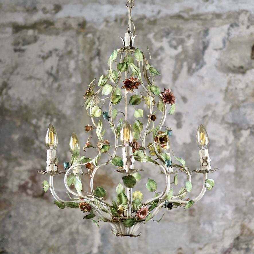Large flower and leaf chandelier, hand-painted sheet metal, Italy, 1940s