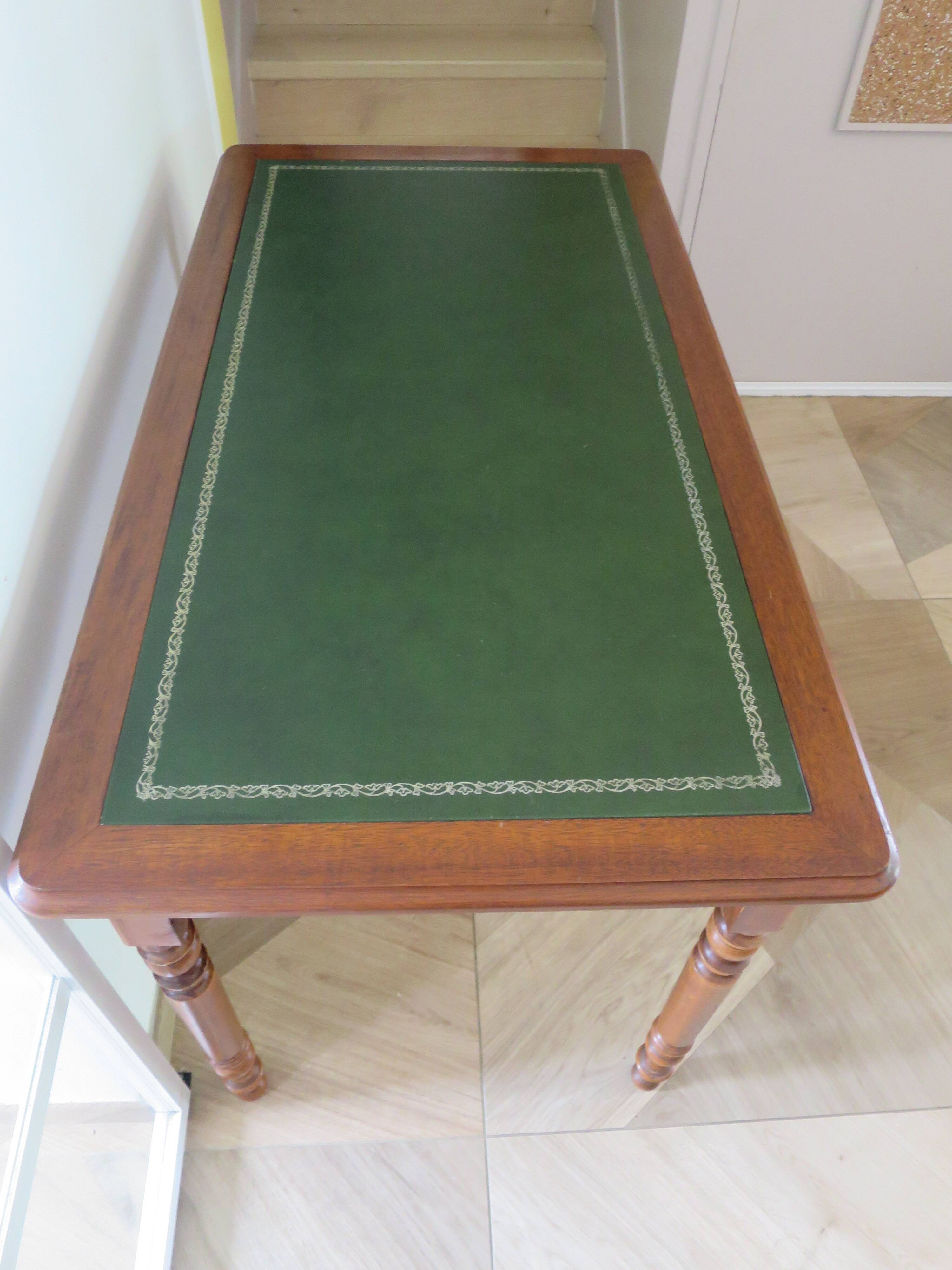 Minister's desk in Louis Philippe style – 2 drawers – cherry wood – green writing pad