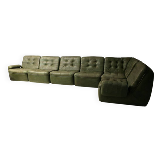 Canapé modulable patchwork Laauser en cuir patiné vert olive, années 1970
