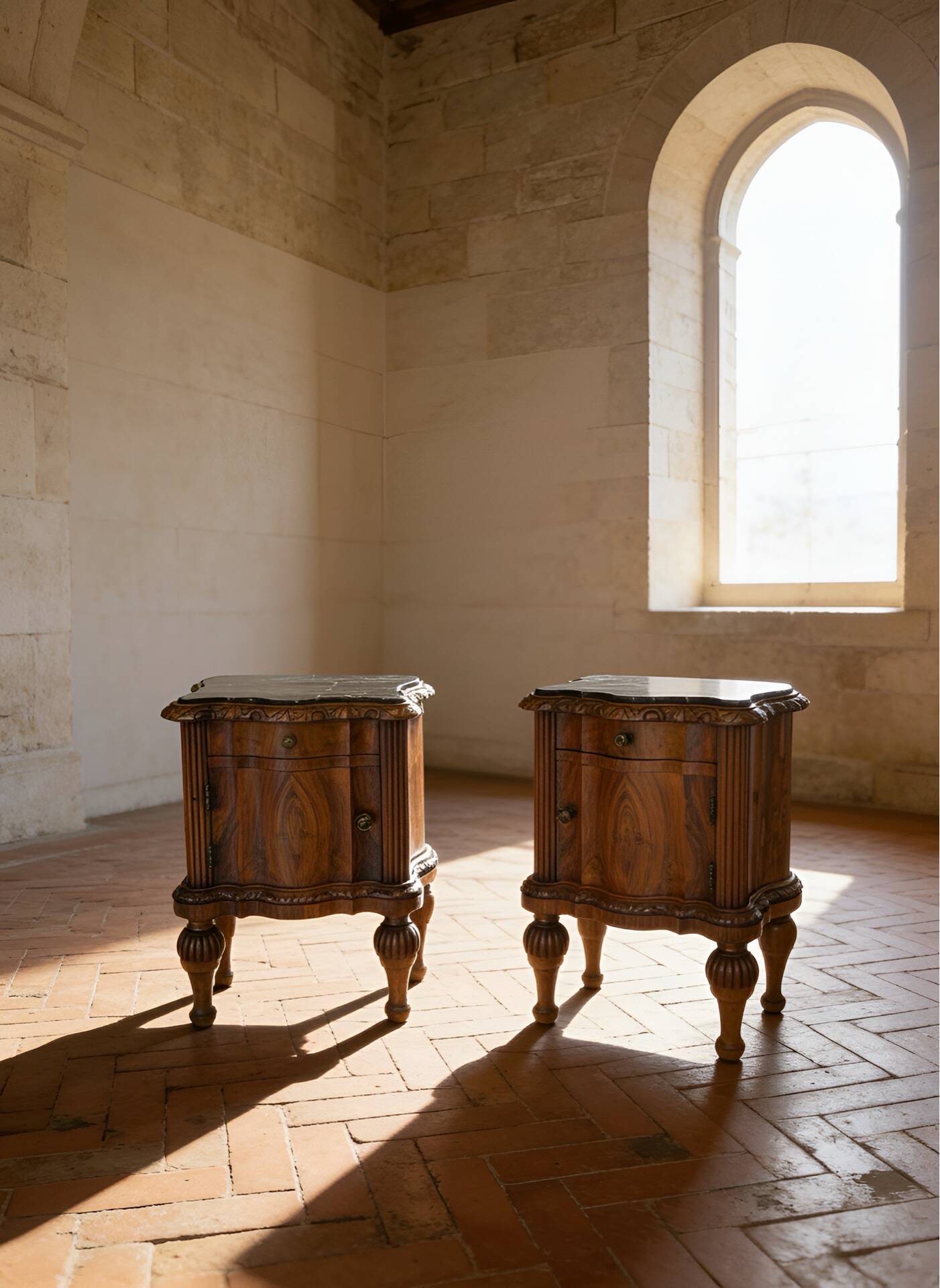 art deco walnut serpentine nightstands, 1920s