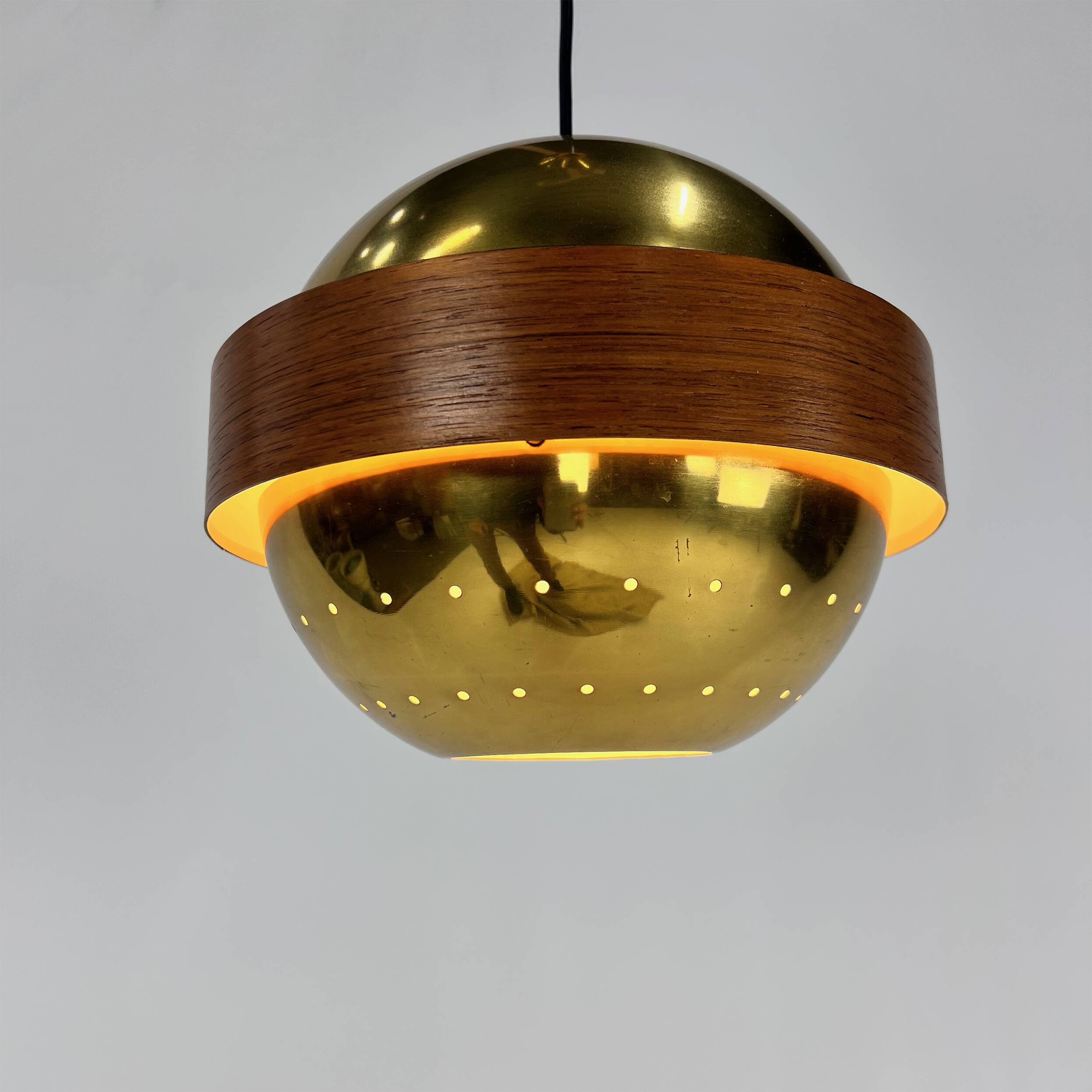 Mid Century Scandinavian Brass and Teak Pendant, 1960s