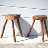 Pair of brutalist tripod wood stools