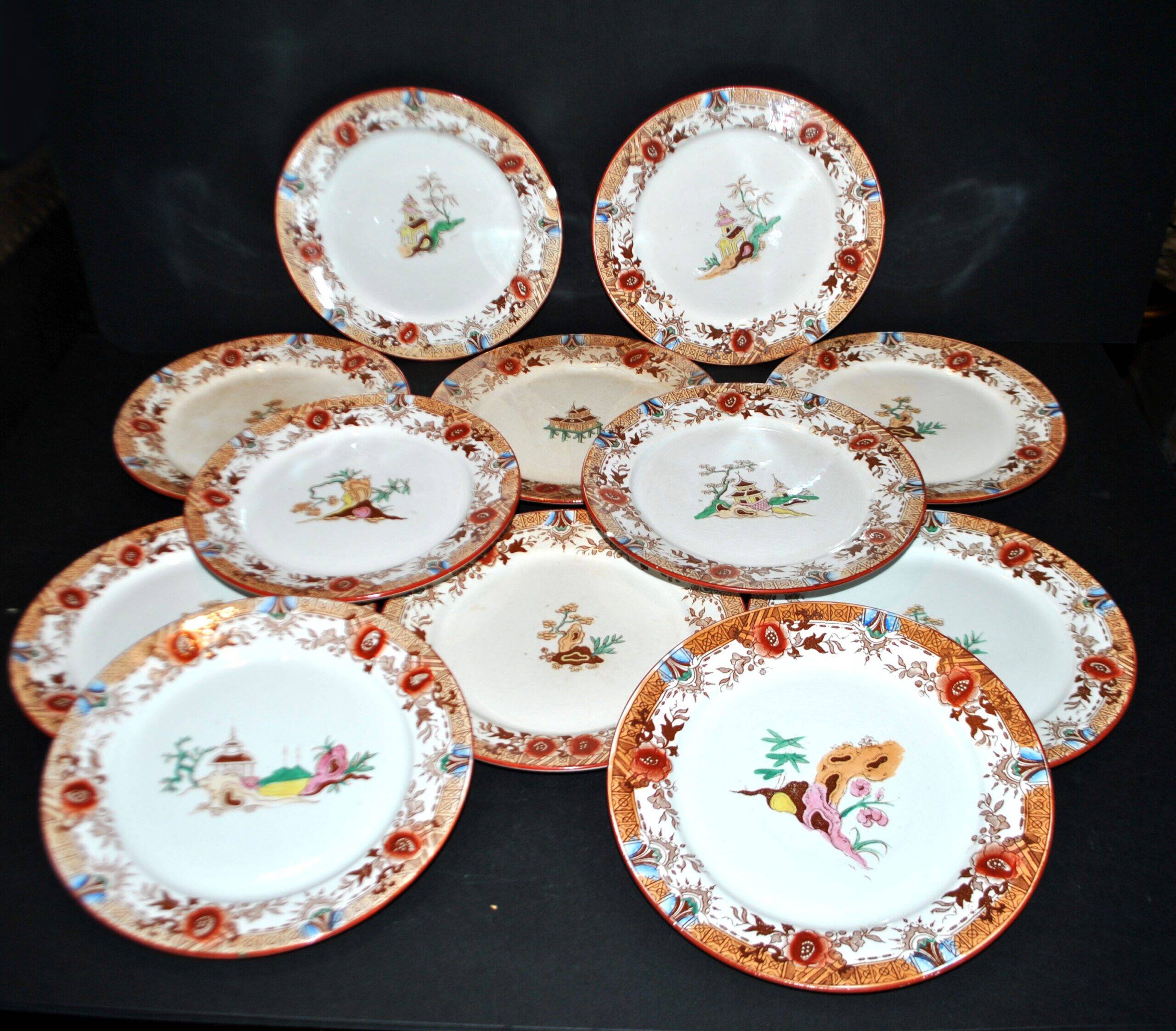 Sarreguemines dessert service 12 plates opaque earthenware bamboo polychrome Asian Chinese decor
