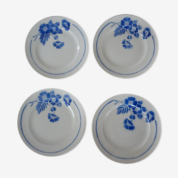 4 assiettes plates dessert moulins des loups fleurs bleues faience ancienne