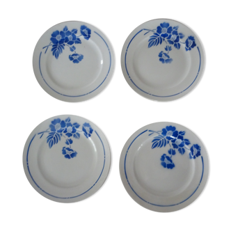 4 assiettes plates dessert moulins des loups fleurs bleues faience ancienne
