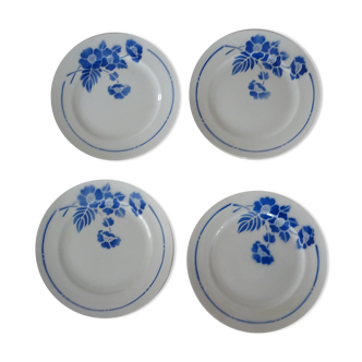 4 Flat plates dessert mills wolves blue flowers faience old