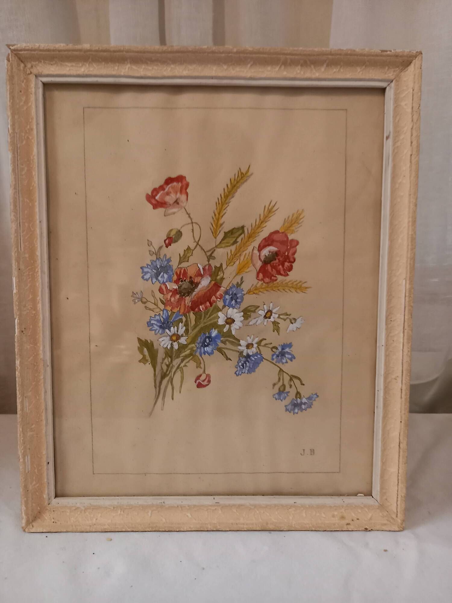 Old painting, gouache on paper, floral composition with cornflowers, poppies, wheat and chamomile