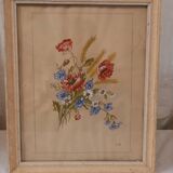 Tableau ancien, gouache sur papier, composition florale avec bleuets, coquelicots, blé et camomille