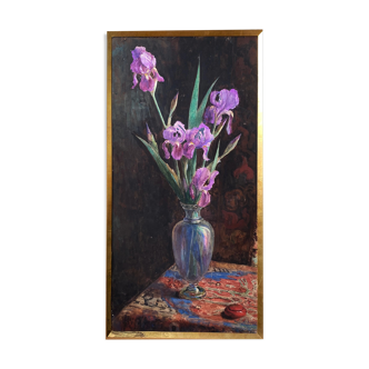 Painting aquarelle 1900 "les iris" signed and dedicated