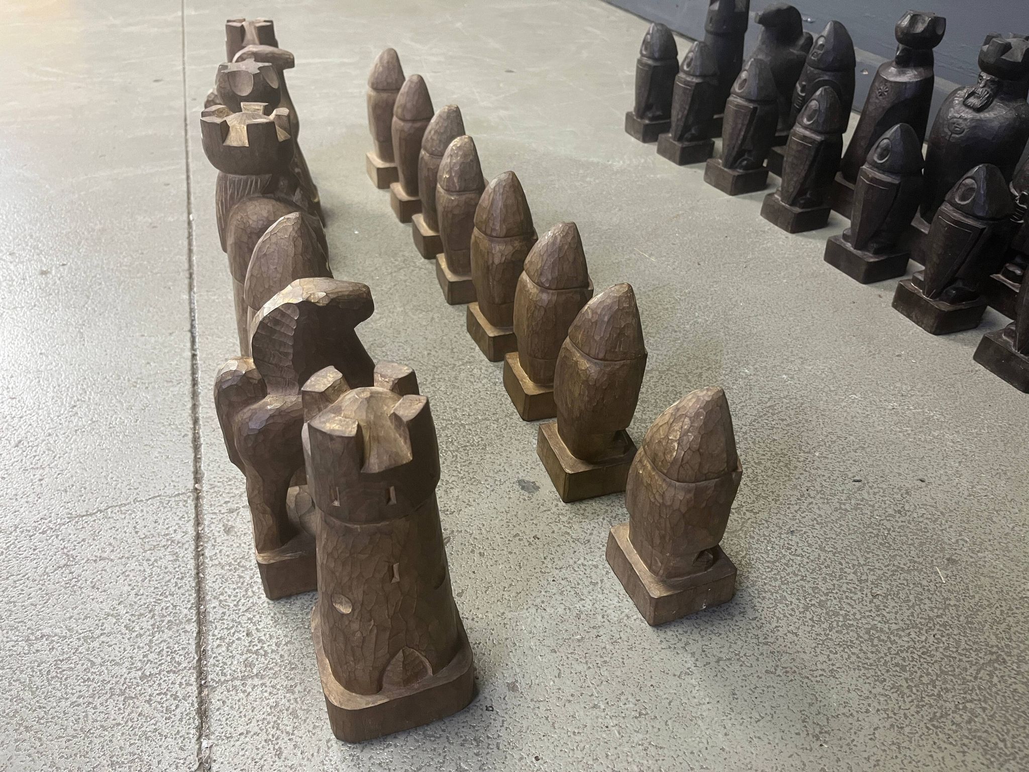 Large hand crafted wooden chess figure set, 1960s