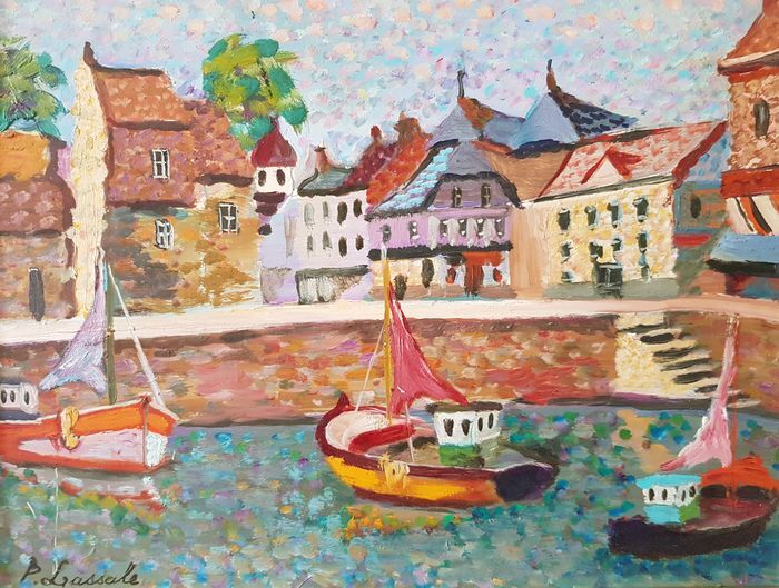 Le port d'Honfleur, huile sur panneau en pointilliste