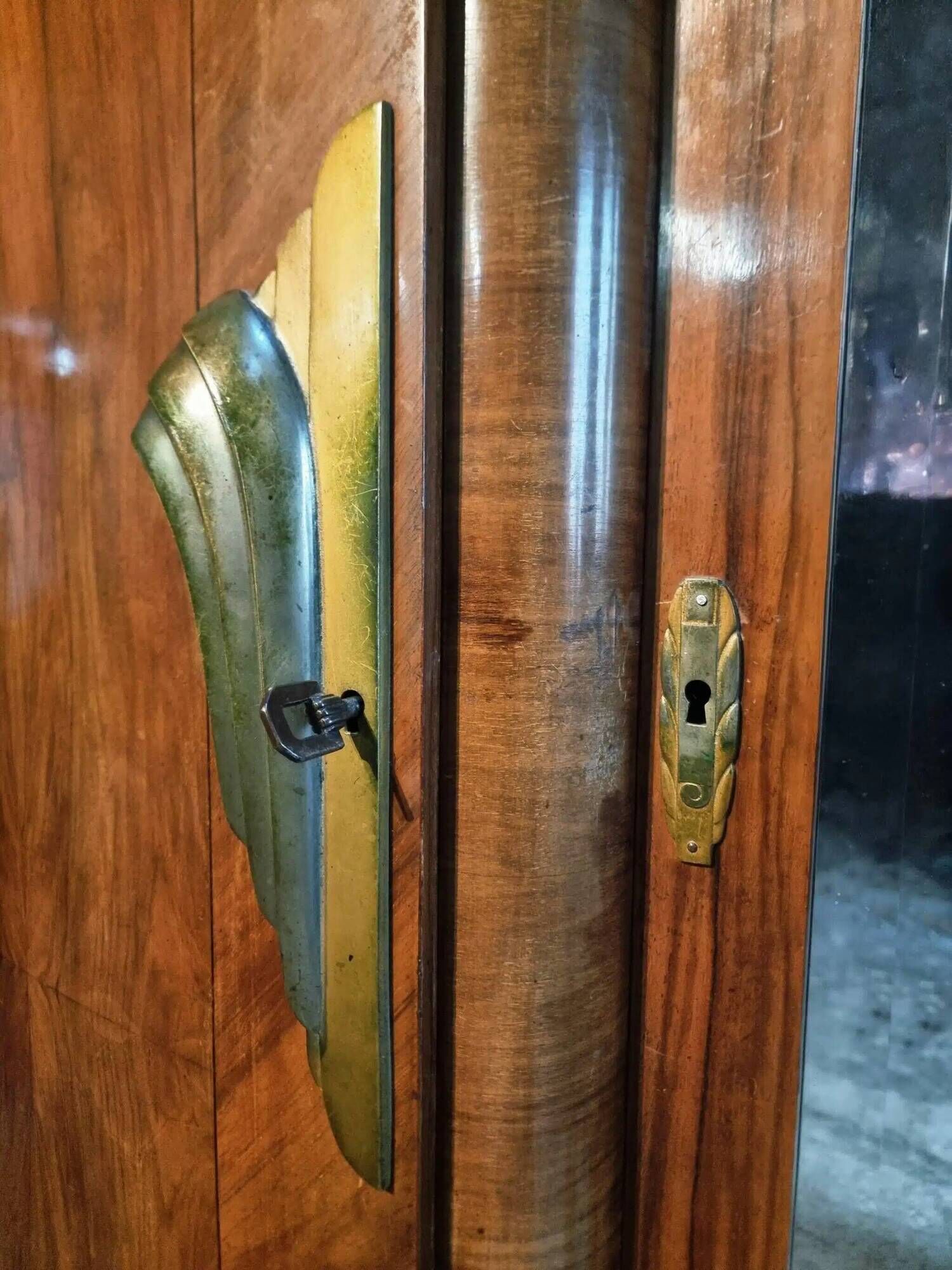 French Art Deco walnut wardrobe with mirror, 1930s