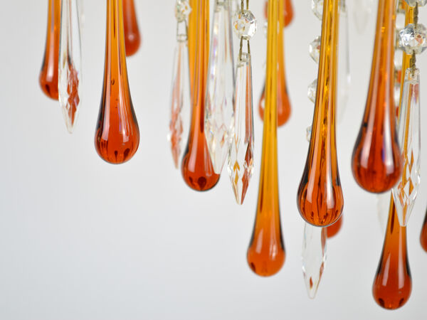lustre Cascade Du milieu Du Siècle 70 Gouttes D’ambre En Verre De Murano