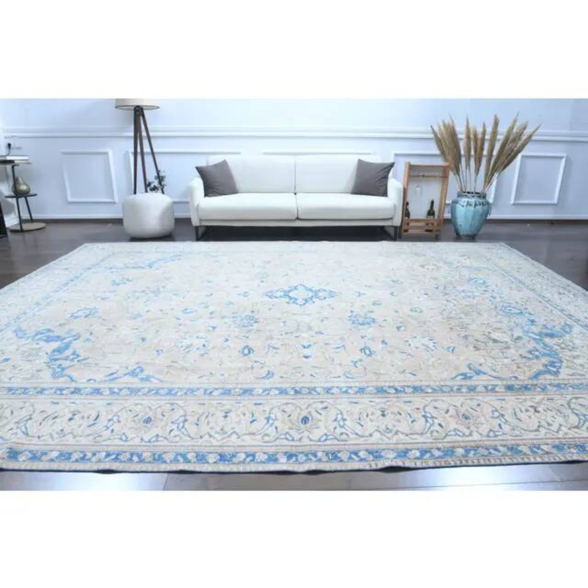 1970s Vintage Persian Handmade Wool Cotton Blue Area Rug 297x400