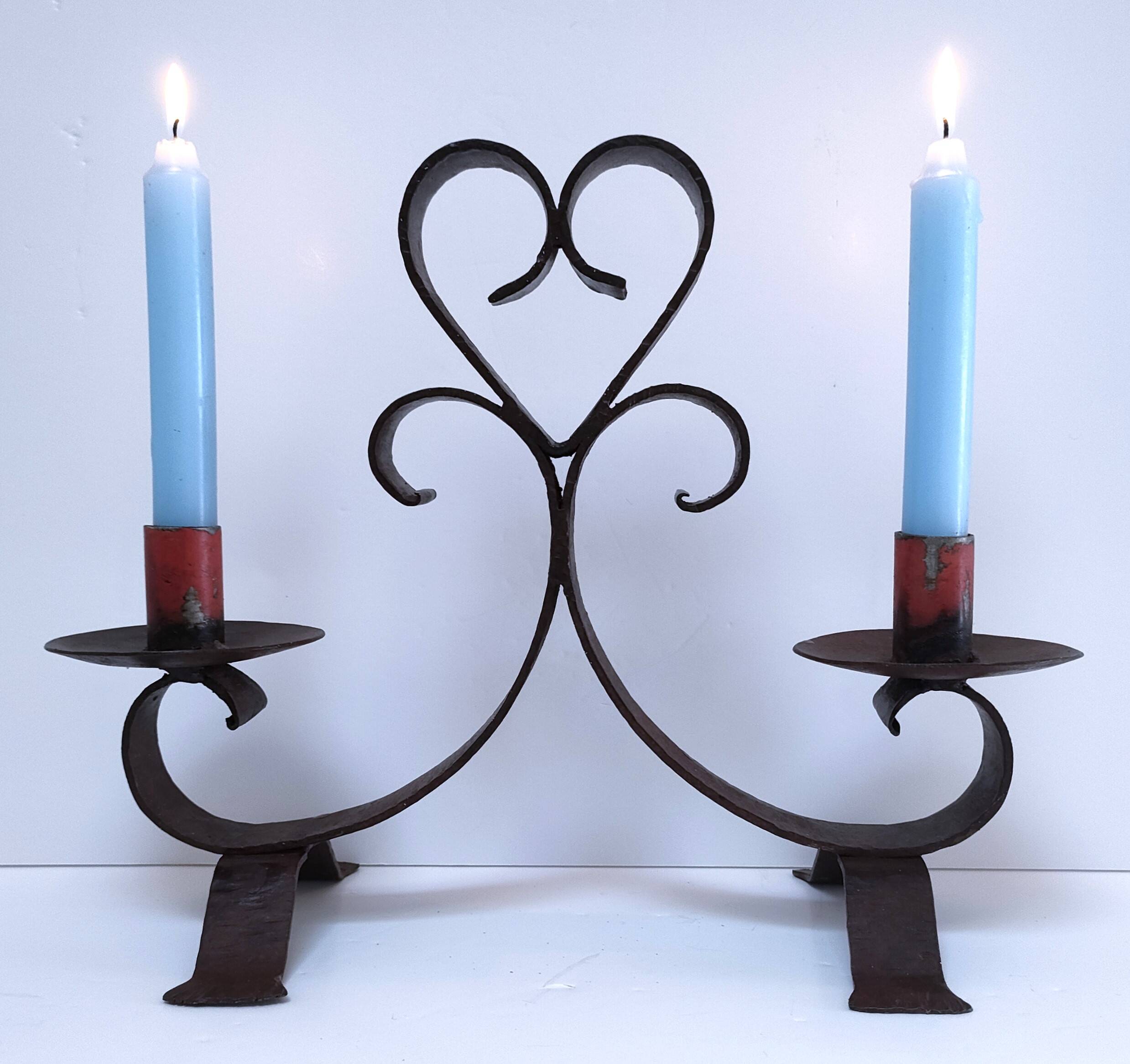 Patinated wrought iron candle holder heart pattern two lights