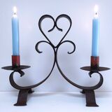 Patinated wrought iron candle holder heart pattern two lights