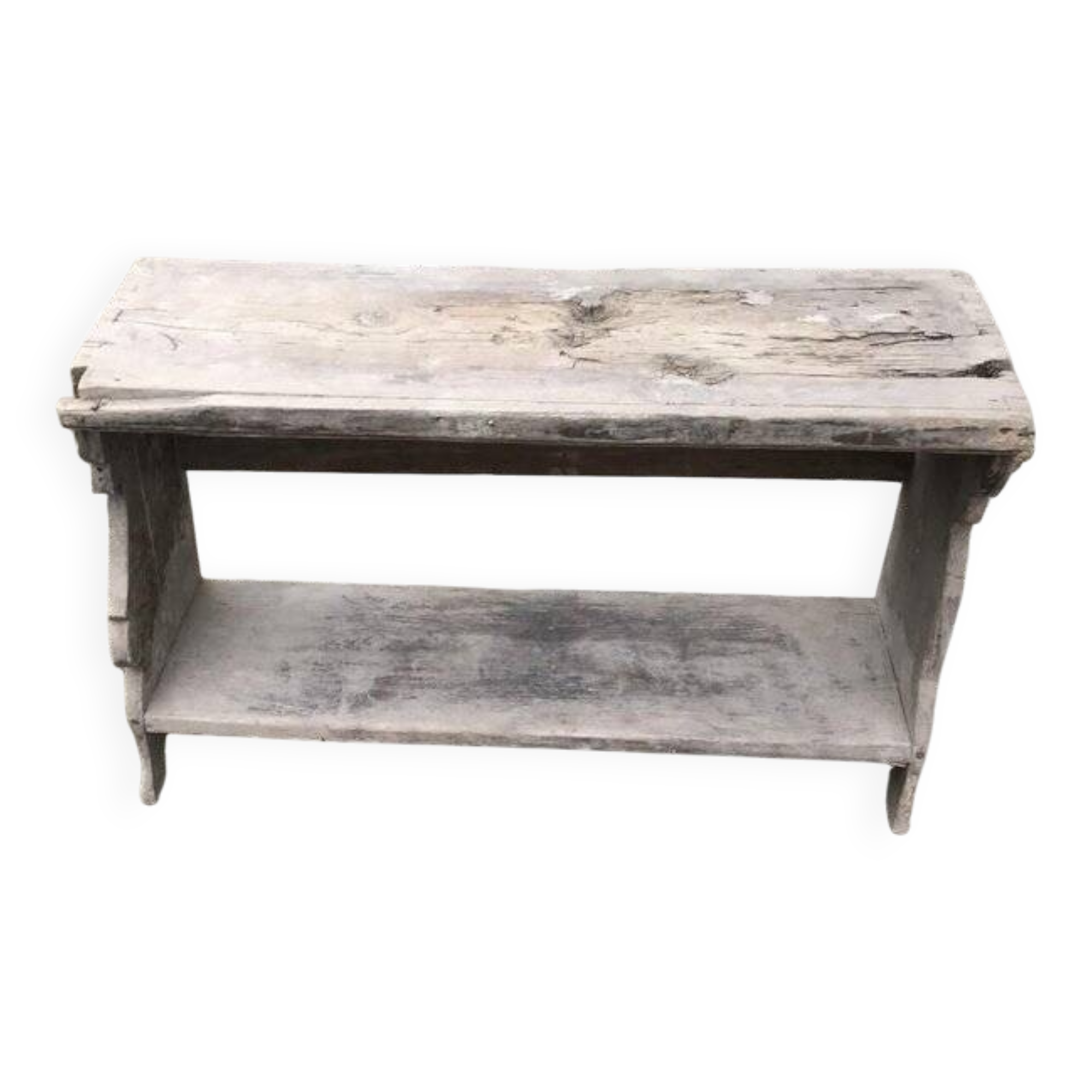 Small country bench in grey pine, rustic antique style with storage shelf.