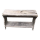 Small country bench in grey pine, rustic antique style with storage shelf.