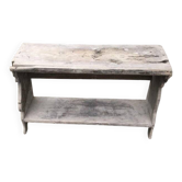 Small country bench in grey pine, rustic antique style with storage shelf.