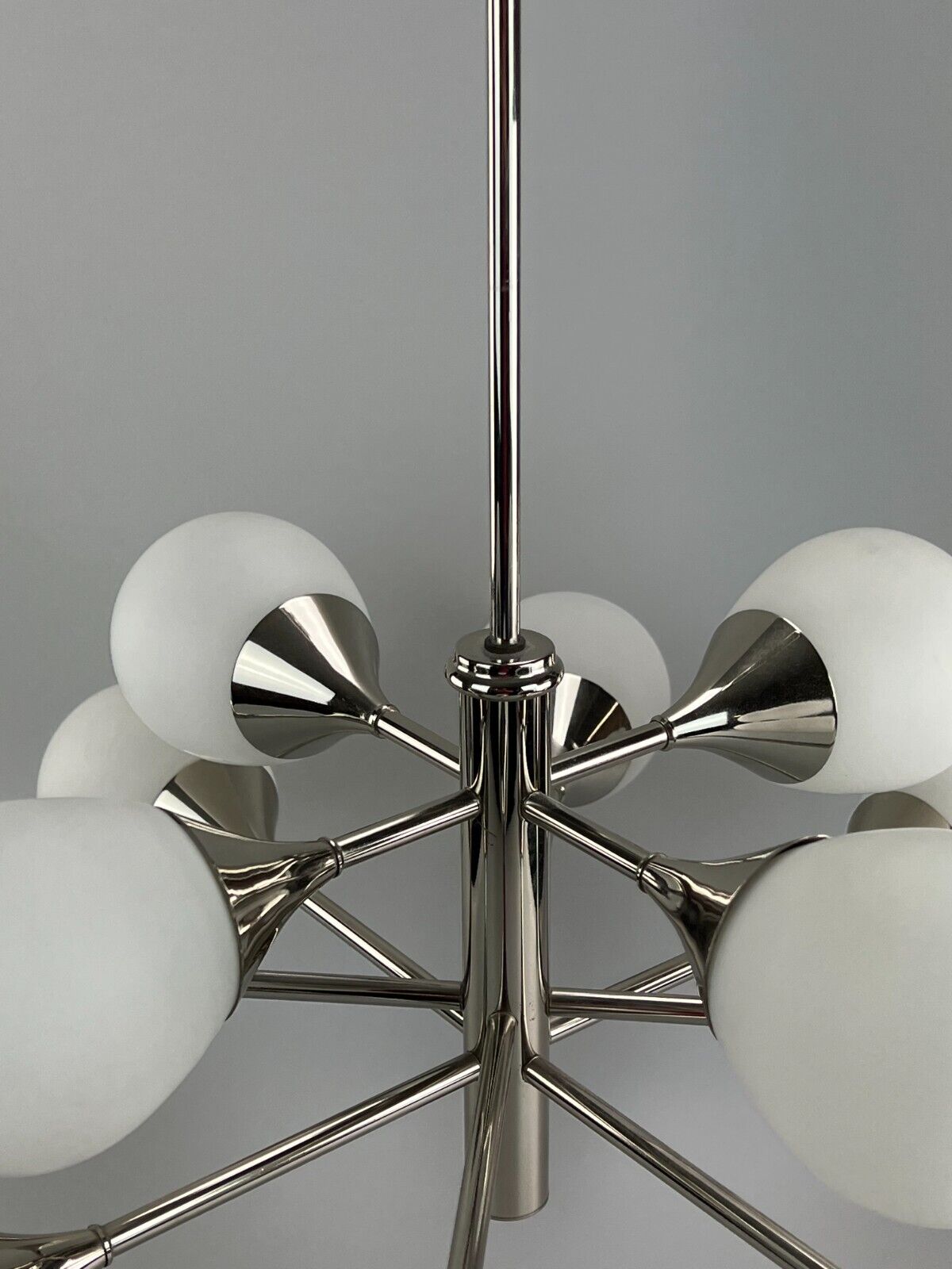 12-flame Sputnik chandelier from the 1960s and 1970s, Kaiser Leuchten, opal glass design