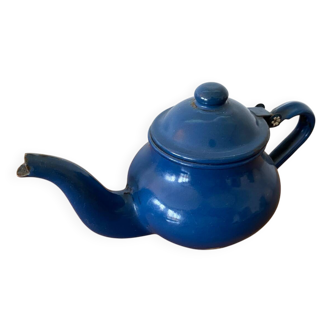 Ancienne Théière Métal Tôle Émaillée Bleu Vintage