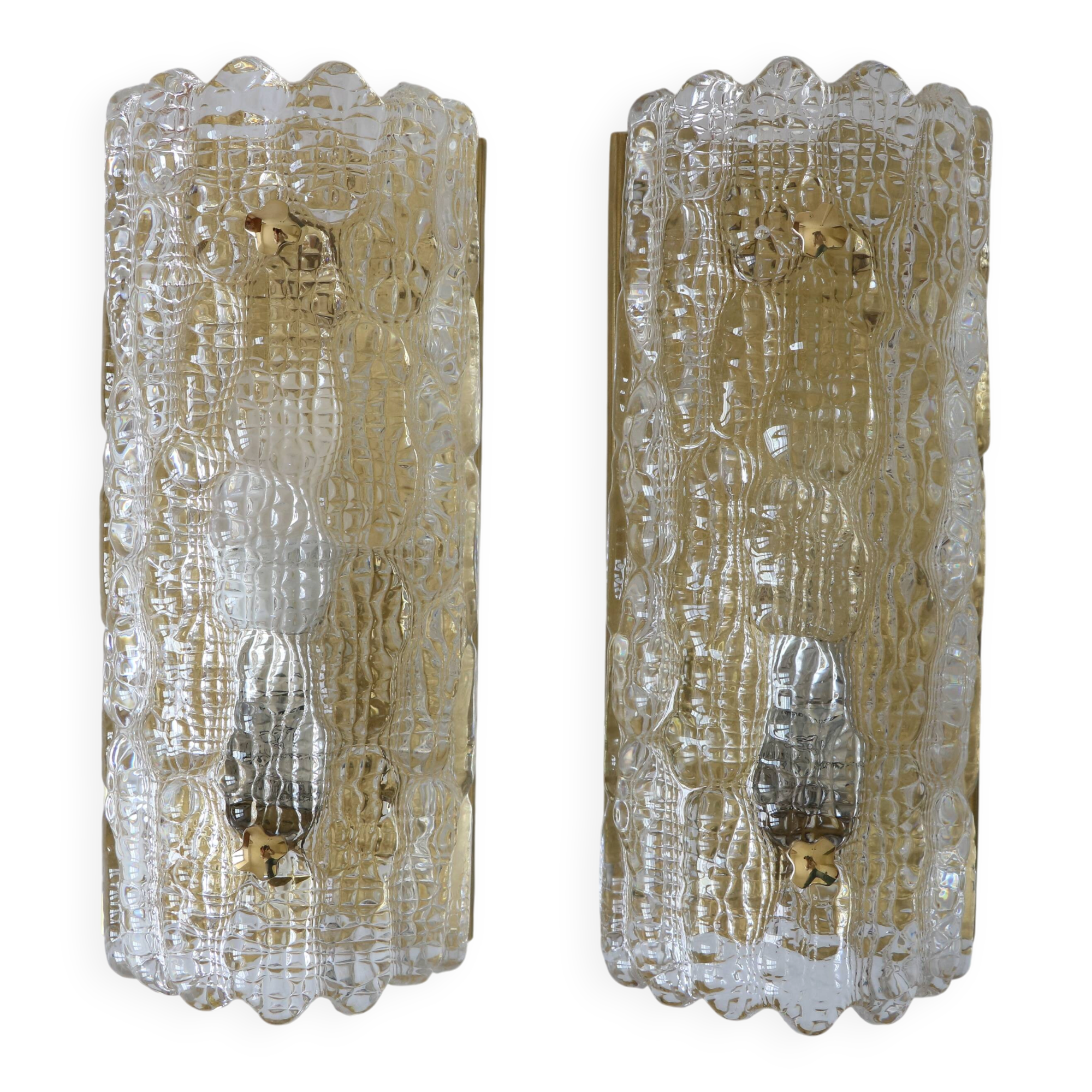 Pair of glass and brass wall lights by Carl Fagerlund for Orrefors.
