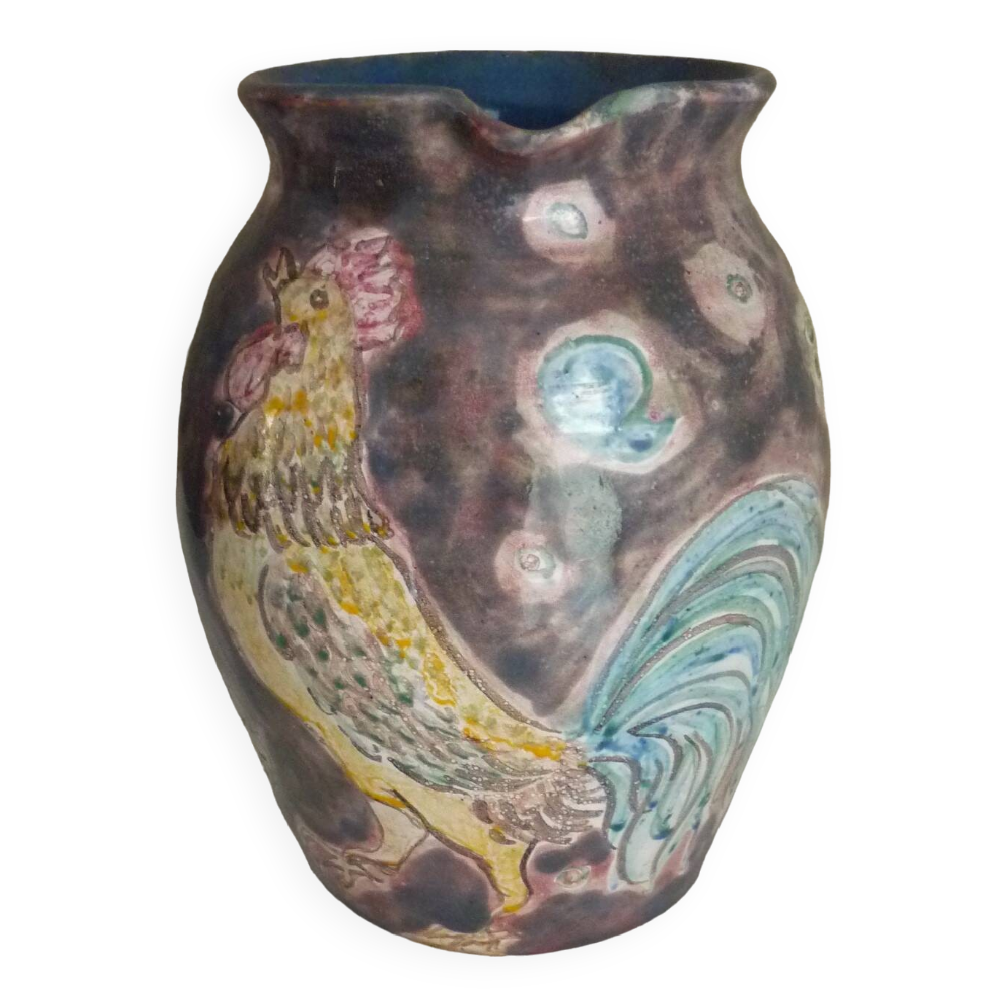 Rooster pitcher vase, glazed ceramic signed Jeanne Azambourg, Le Clos De Joye, 1960s