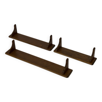Vintage set of 3 shelves in oak wall rack book 1970s wood minimalist design