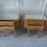 Pair of vintage bedside tables in raw wood, mirrored tops.