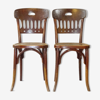 Lot of 2 chairs Japy bistro 1925, wood seat with Art Nouveau motif