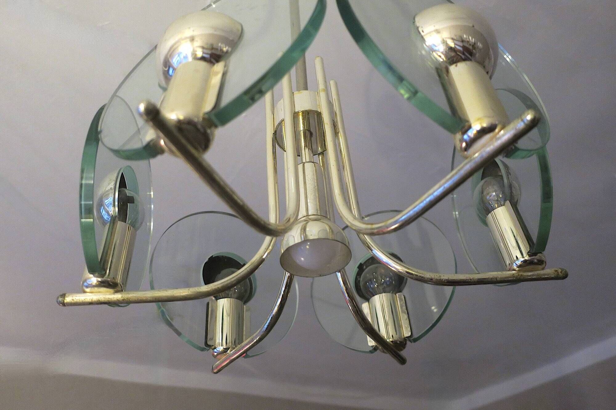 Silver plated chandelier with six crystal glass discs, Italy 1960s