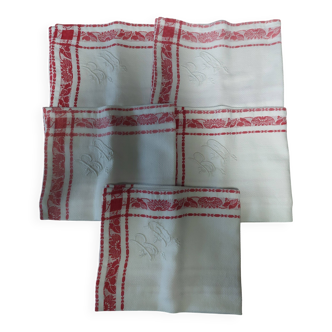 Set of five table napkins made of thick damask cotton with monogram BD 52 X 62.