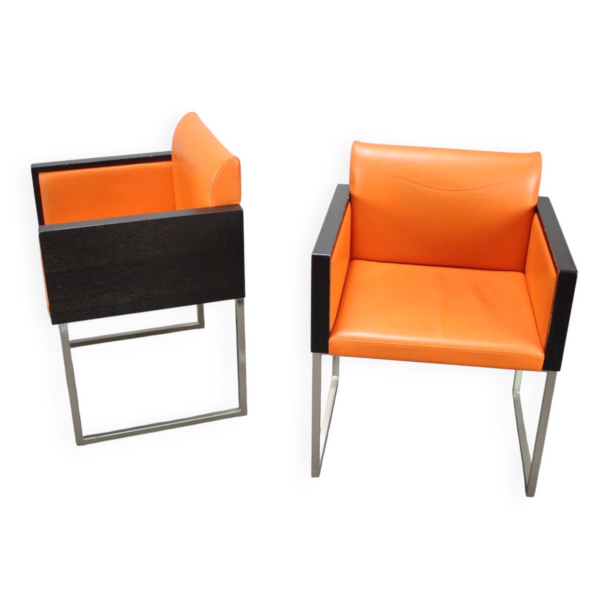 Pair of BOX 740 armchairs by Pedrali, Italy, Wenge Wood and Orange Fabric.