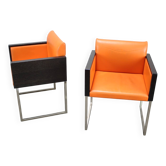 Pair of BOX 740 armchairs by Pedrali, Italy, Wenge Wood and Orange Fabric.