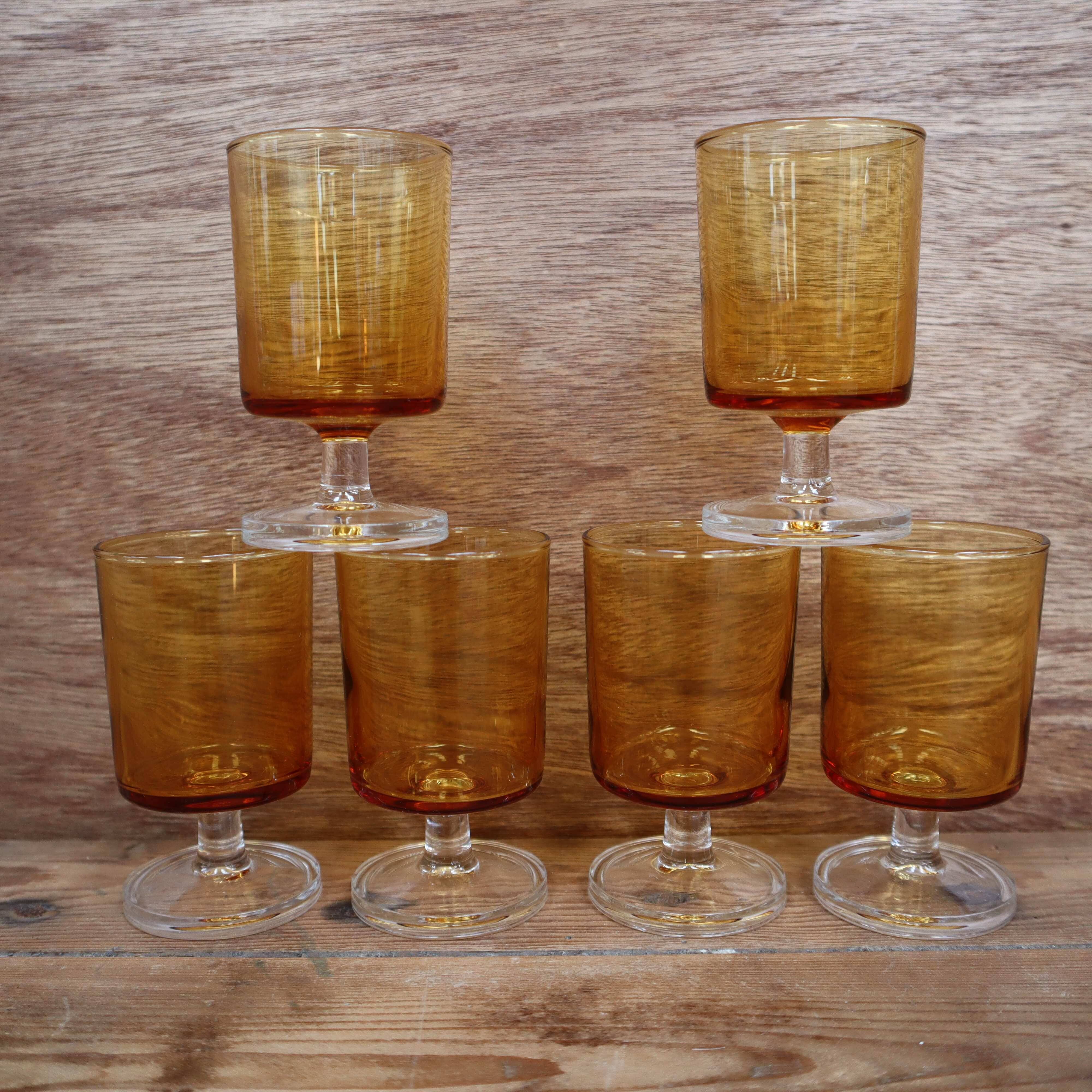 Lot of 6 Luminarc France 70'S amber white wine glasses