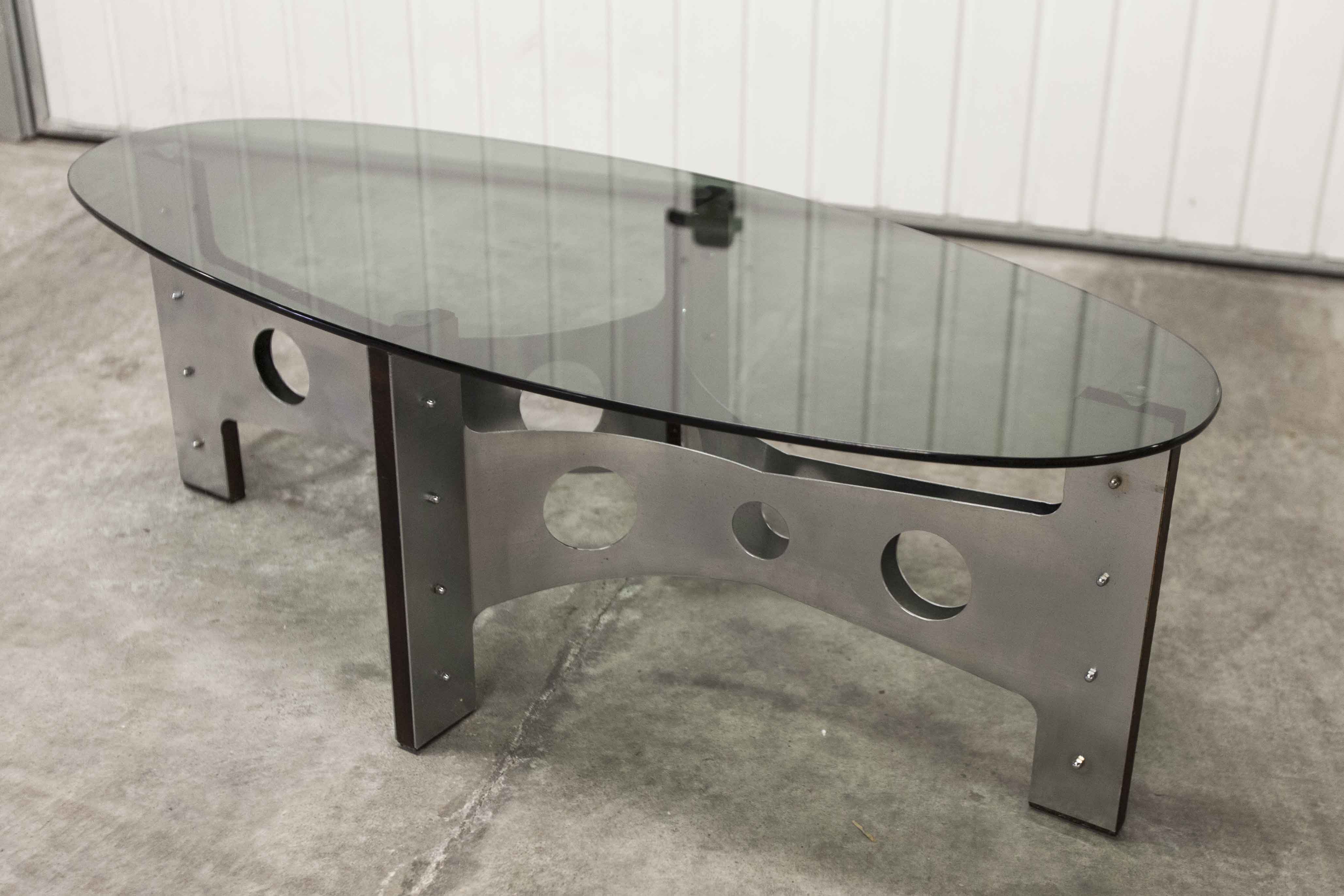 Oval coffee table 1970 feet metal and wood smoked glass