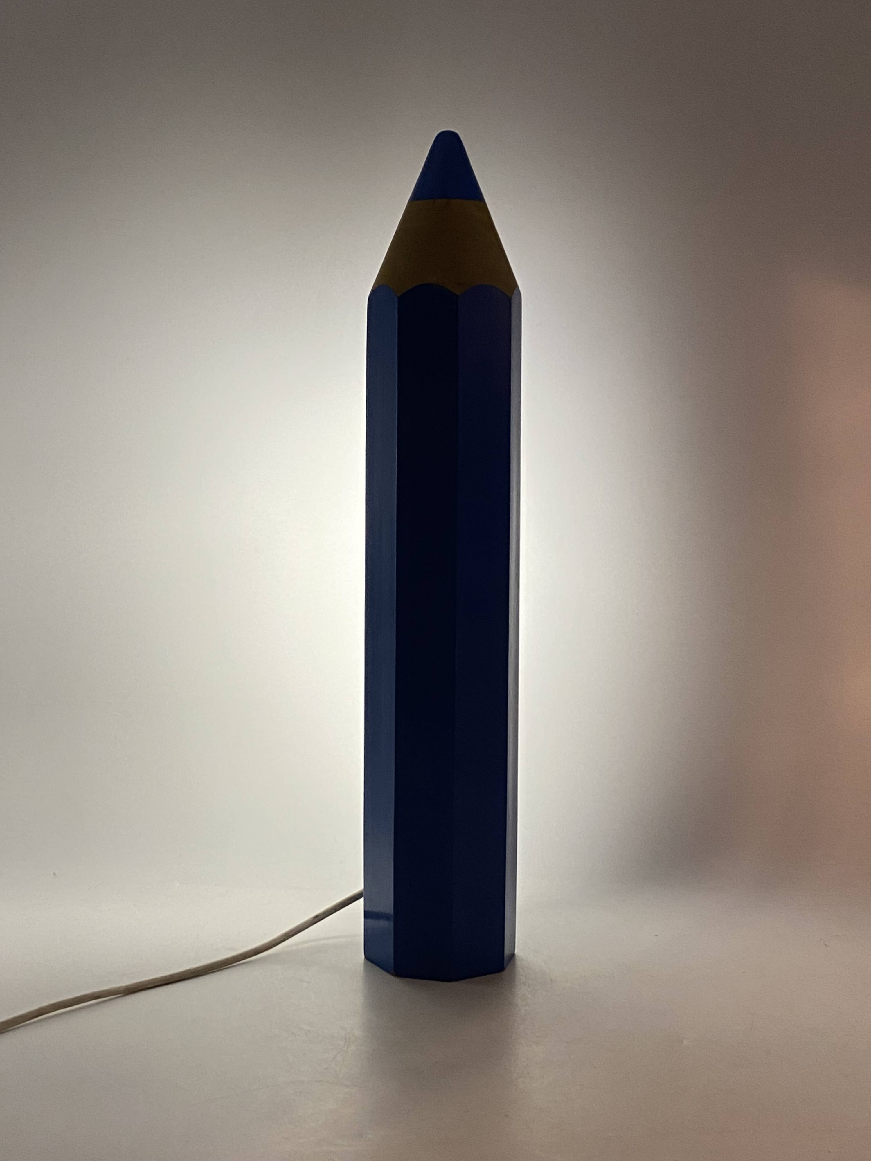 Pierre Sala, postmodern blue Pencil table lamp, Ed. Vilac France 1980s