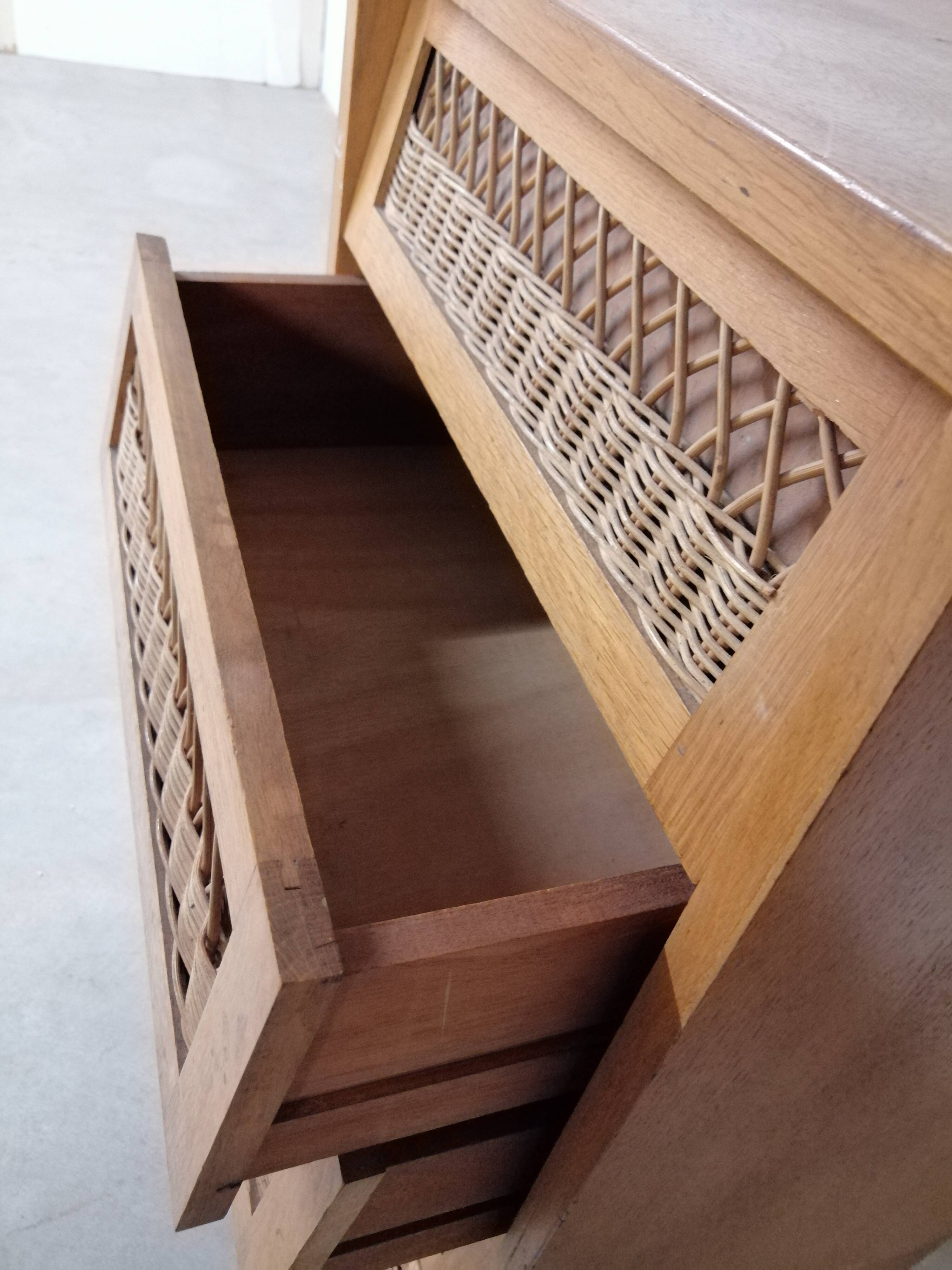 Wooden and rattan chiffonnnier 6 drawers