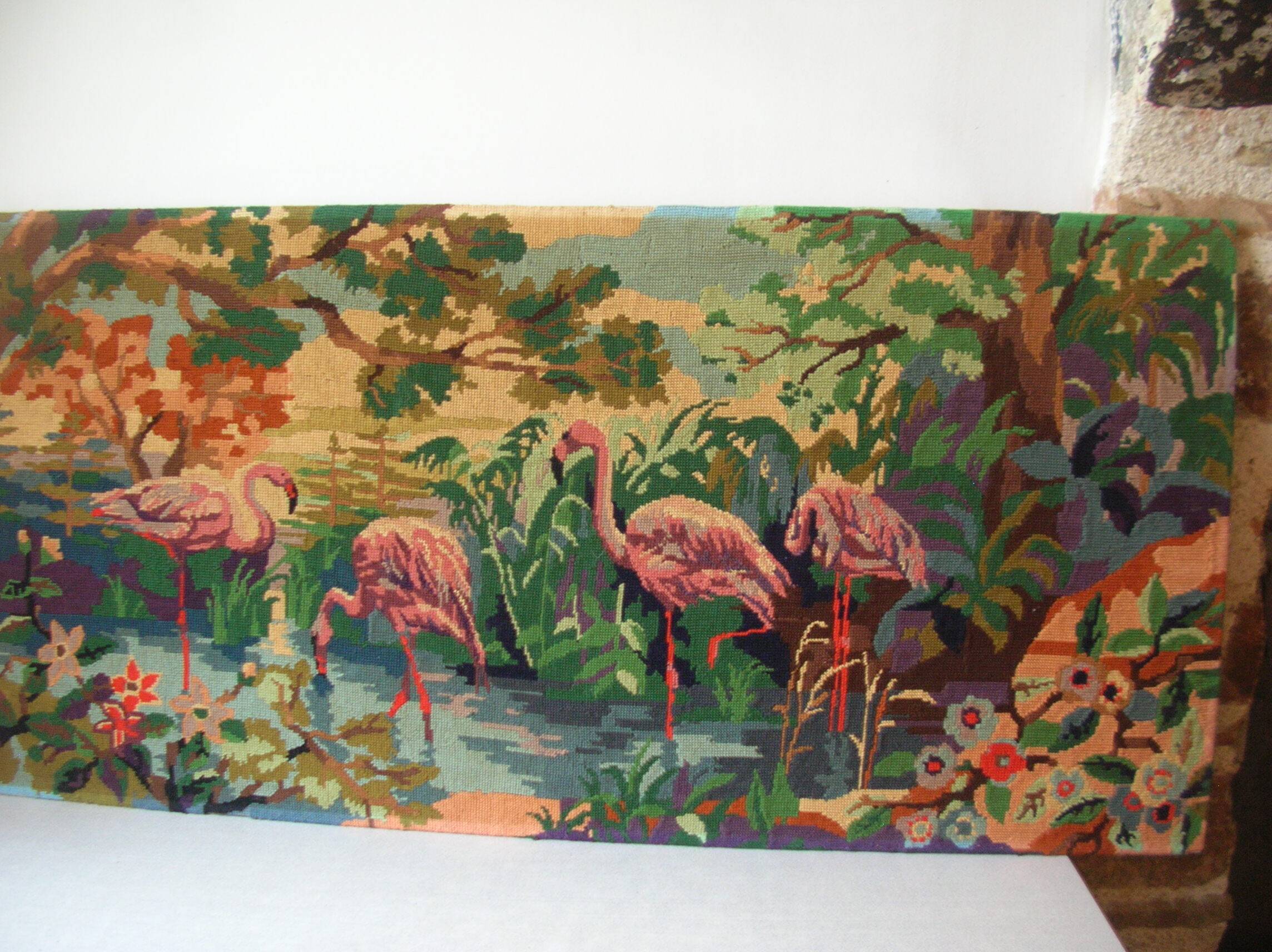 Old canvas tapestry made from a group of pink flamingos 102 cm vintage decoration 1970