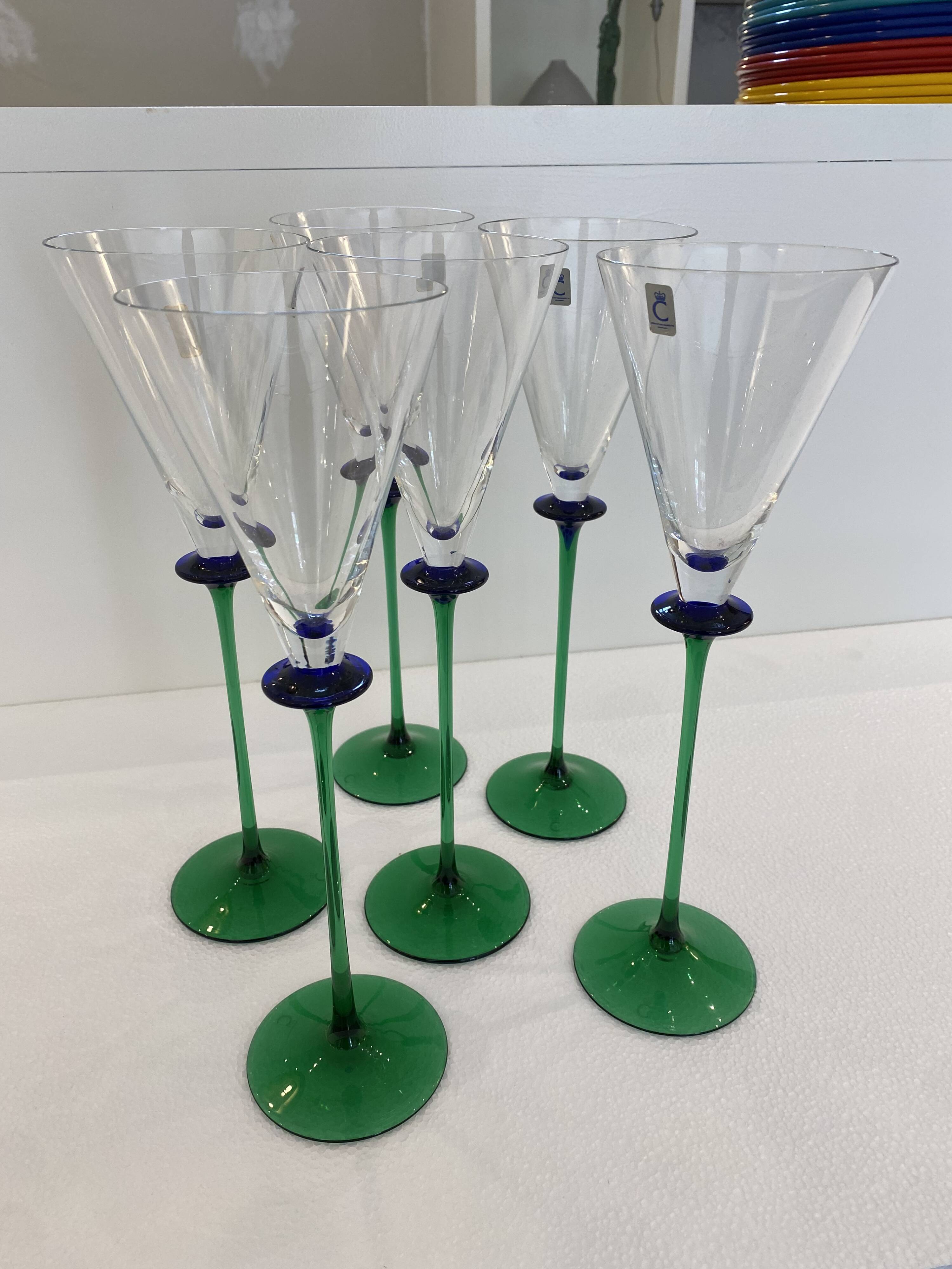 A Set of 6 Hand-blown Emerald Green Cobalt Blue Stem Champagne Flutes Art