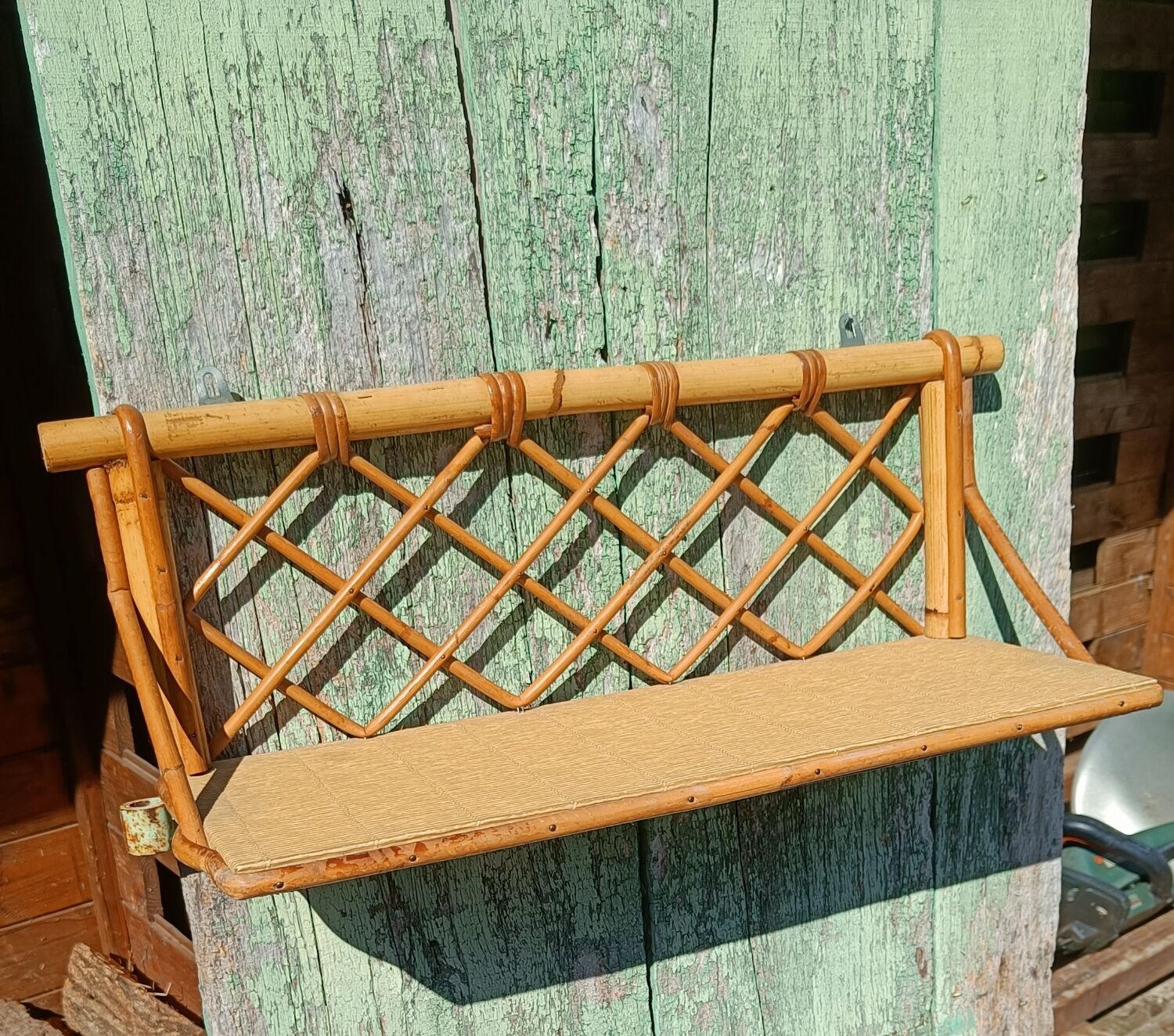 Small vintage wall shelf in bamboo and rattan – 1970s