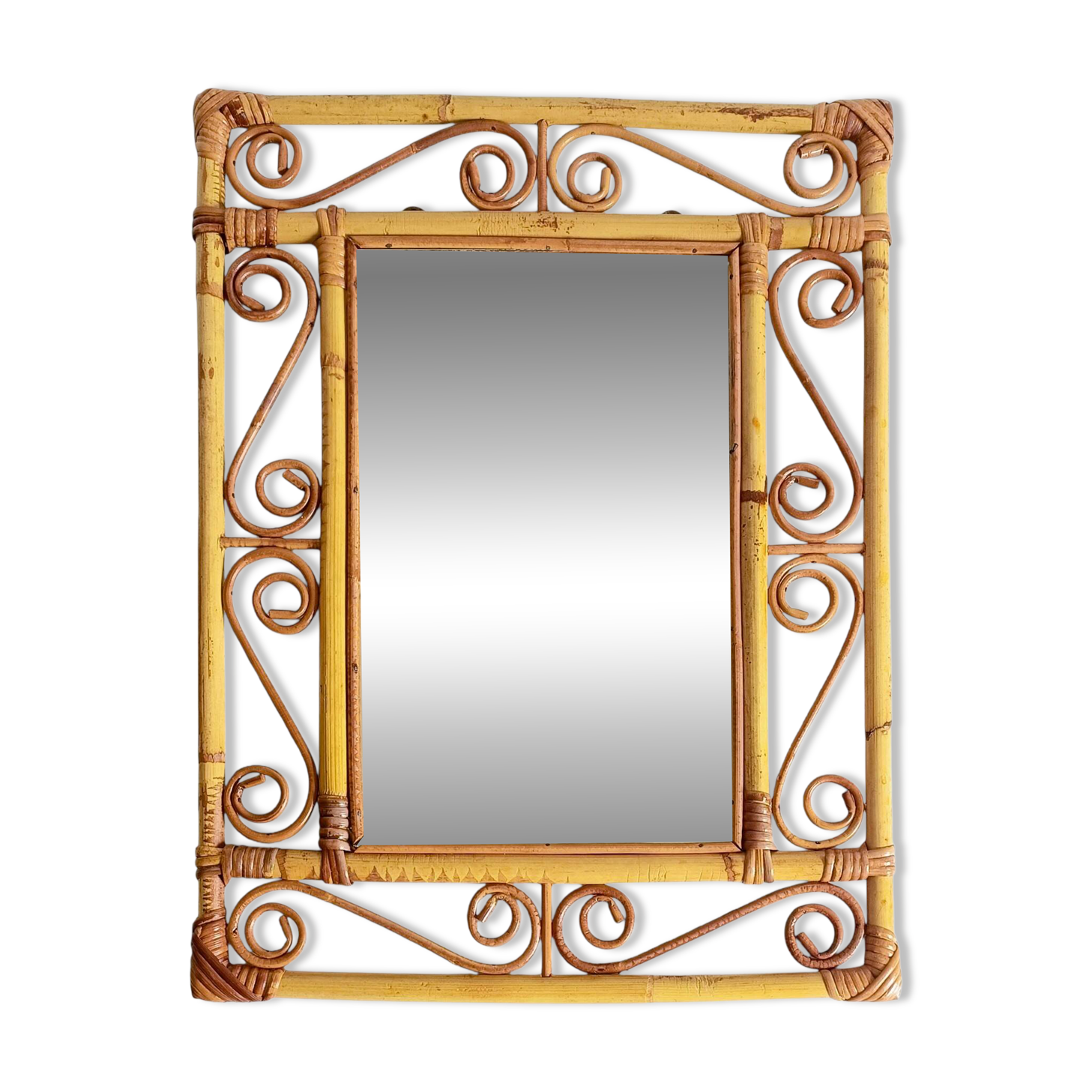 Handmade Spanish bamboo and rattan wall mirror from the 1970s.