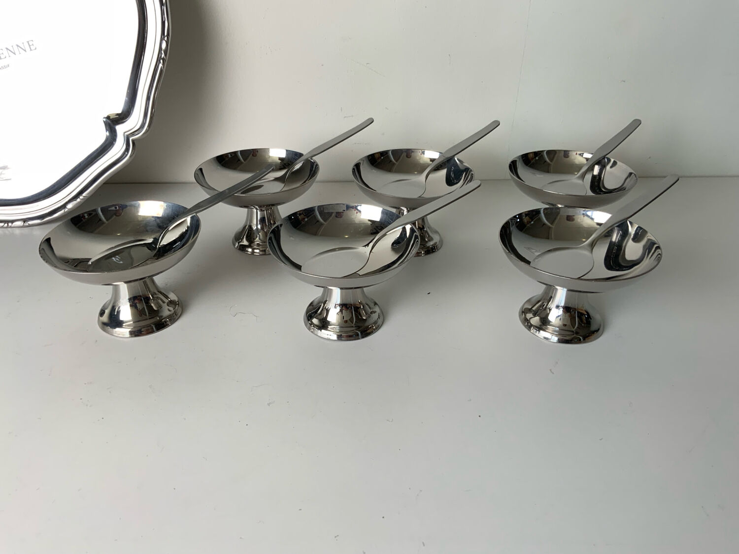 Vintage stainless steel ice cream bowls and tray