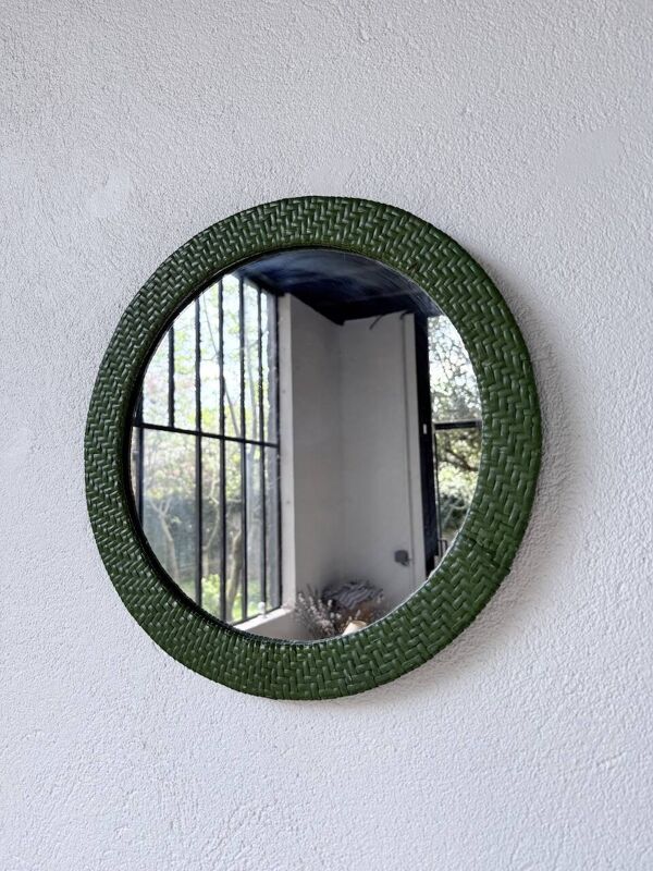 Miroir rond osier tressé 1960