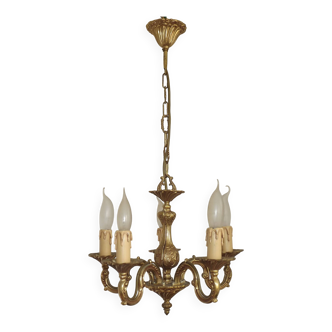 Lustre à 5 lumières en bronze de qualité française du milieu du siècle, avec détails de fleurs 5399