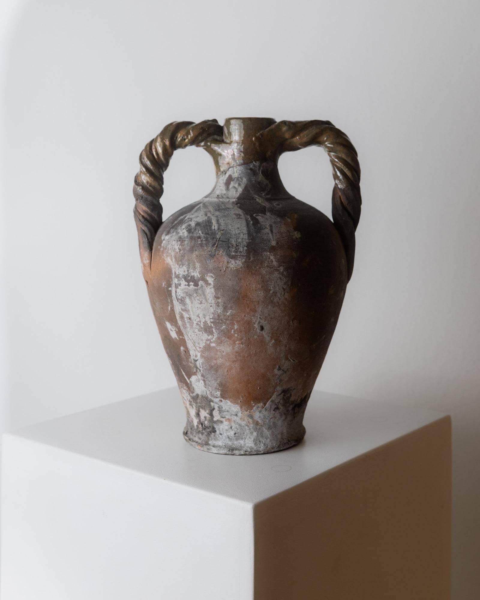 18th-century antique terracotta amphora, Italian ceramic with twisted handles.