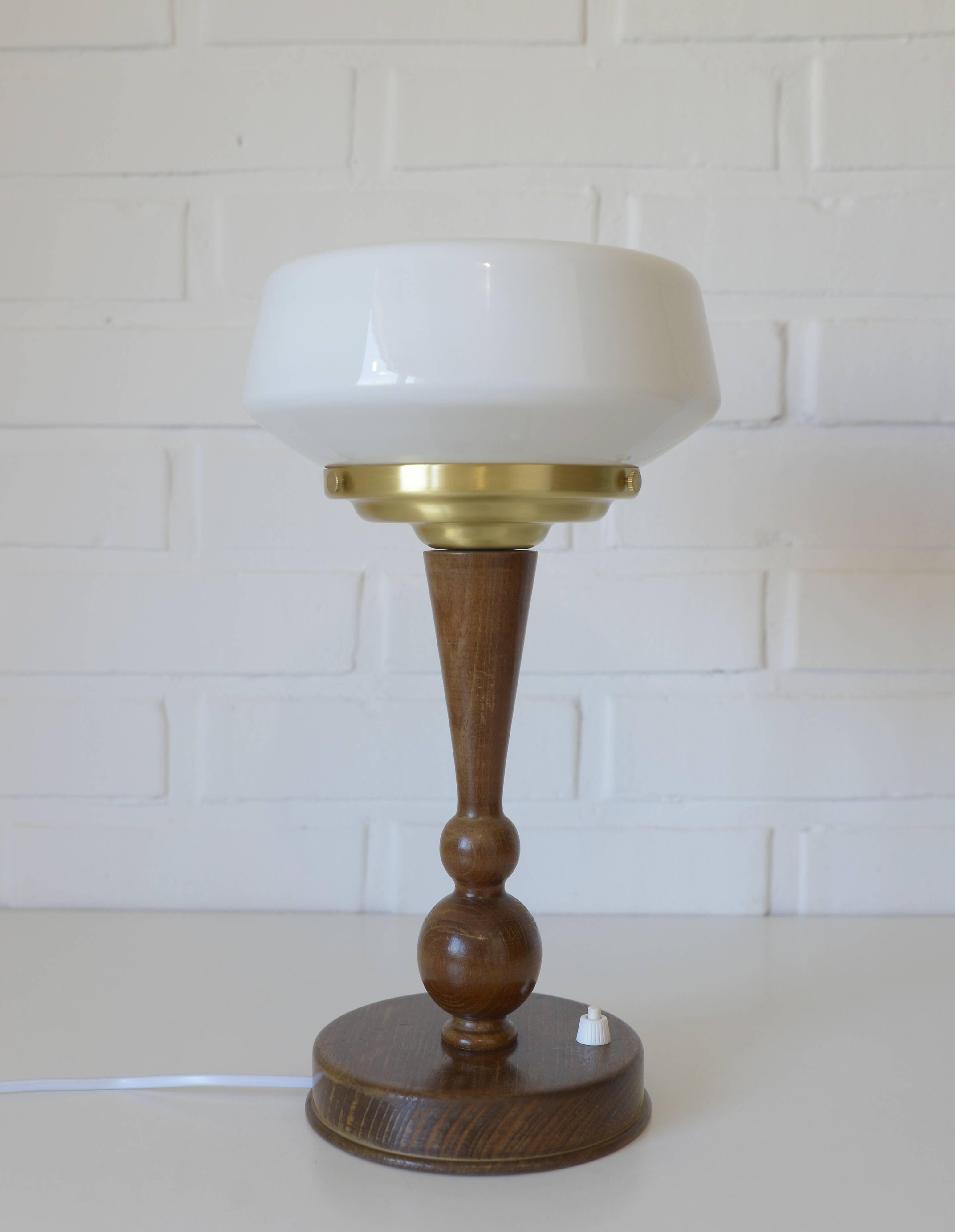 Art Deco Table Lamp | Vintage White Opaline Mushroom Glass | Restored Solid Wood | Fully Rewired | Bauhaus Style