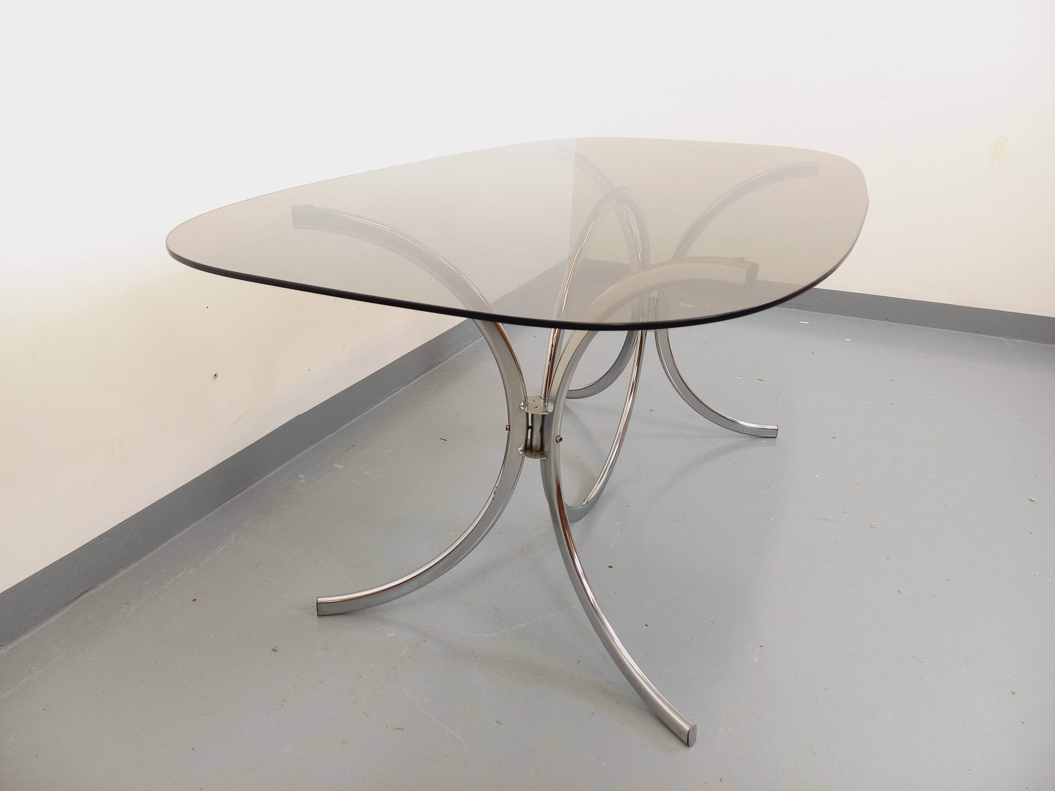 Vintage rectangular rounded dining table in smoked glass and chrome metal